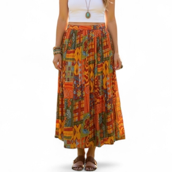 Kaktus Dresses & Skirts - Kaktus Plus Vintage Boho Broomstick Midi Skirt - Orange Floral 1X
